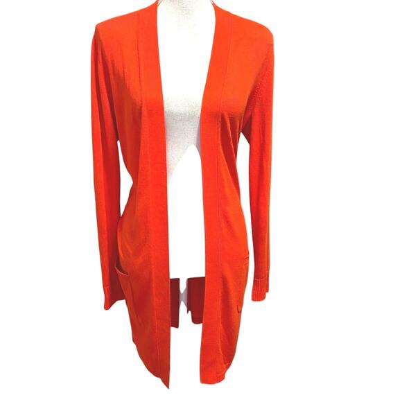 Lafayette 148 Size M Mixed Media Cardigan Sweater Silk Back Orange Cinched FLAW - Picture 1 of 8